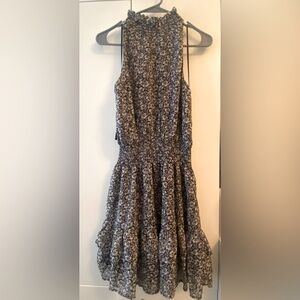 High Neck Mini Dress: Olivia Grey Floral Sleeveless Dress